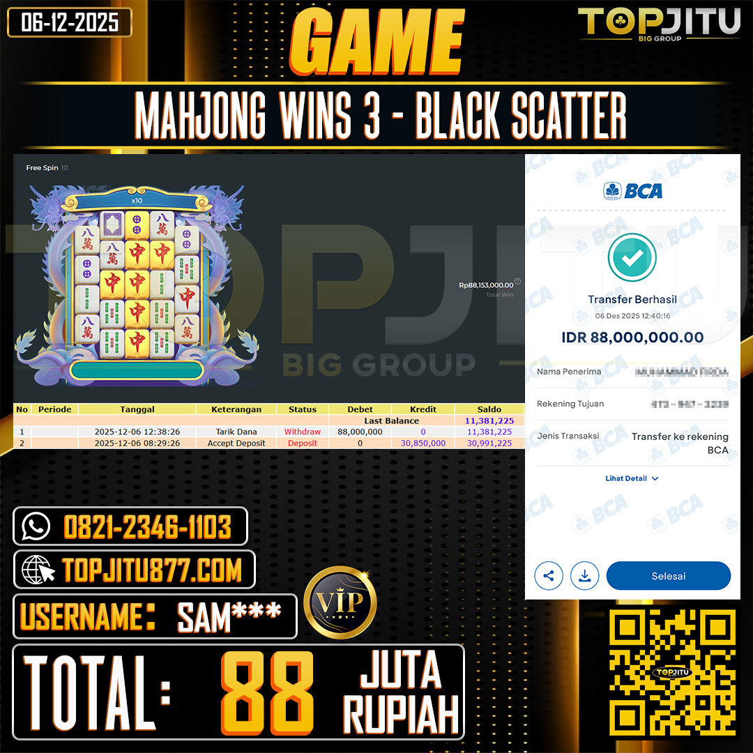      TOPJITU JACKPOT SLOT MAHJONG WINS 3 - BLACK SCATTER Rp.88.000.000 ,- LUNAS USER ID: SAM***