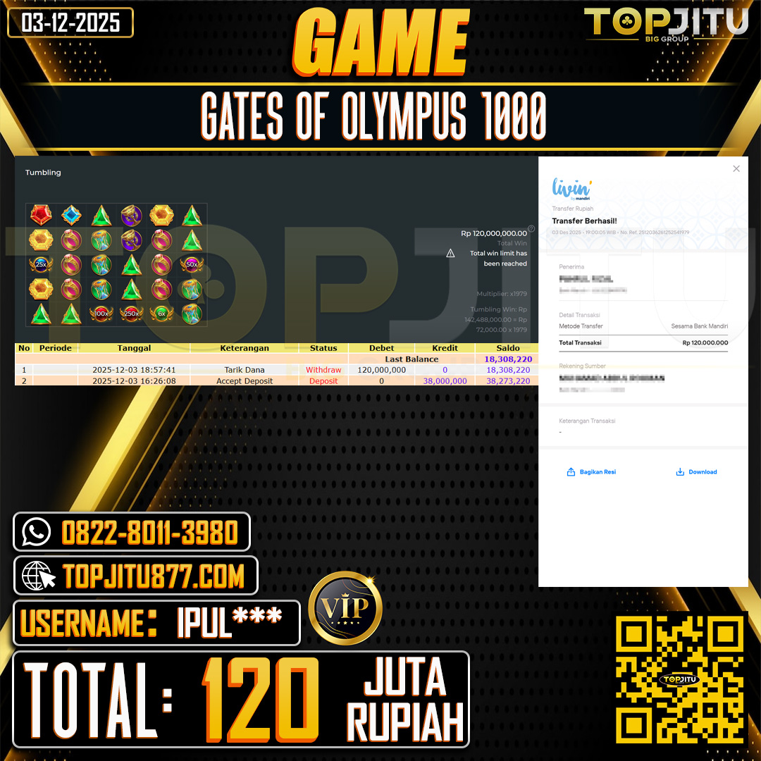     TOPJITU JACKPOT SLOT GATES OF OLYMPUS 1000  Rp.120.000.000 ,- LUNAS USER ID: IPUL***