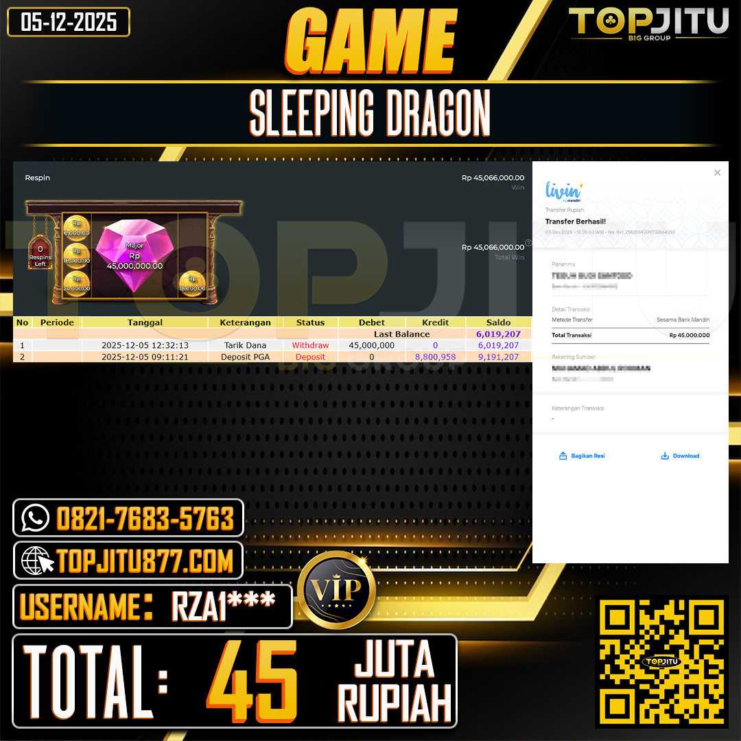      TOPJITU JACKPOT SLOT SLEEPING DRAGON Rp.45.000.000 ,- LUNAS USER ID: RZA1***