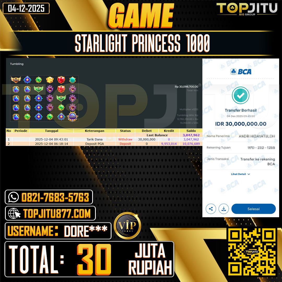       TOPJITU JACKPOT  SLOT STARLIGHT PRINCESS 1000 Rp.30.000.000 ,- LUNAS USER ID: DORE***