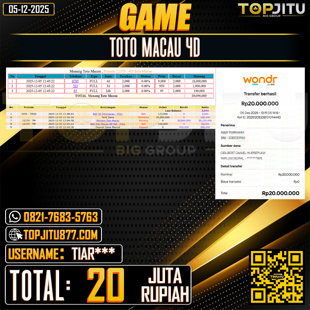      TOPJITU JACKPOT TOGEL PASARAN TOTO MACAU 4D Rp.20.000.000 ,- LUNAS USER ID: TIAR***