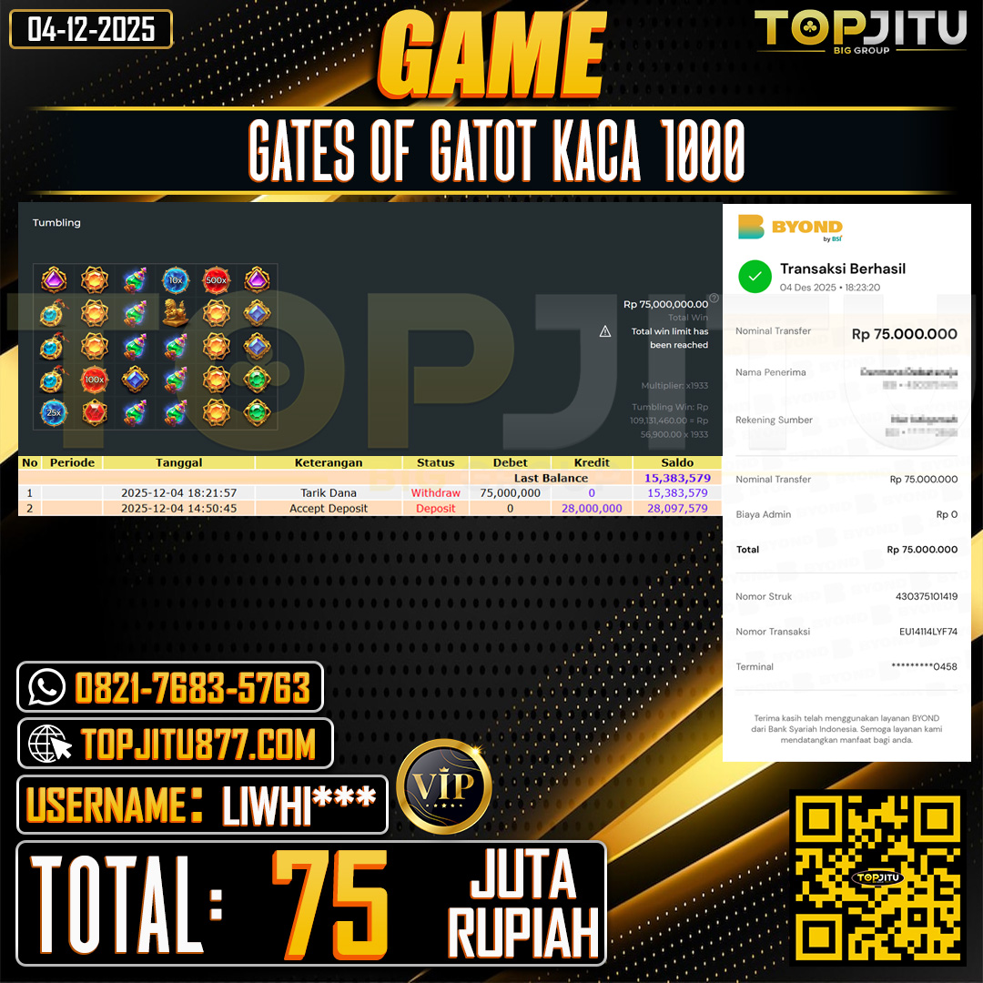        TOPJITU JACKPOT  SLOT GATES OF GATOT KACA 1000 Rp.75.000.000 ,- LUNAS USER ID: LIWHI***